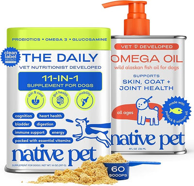 Native Pet Daily Wellness Bundle - Dog Vitamins and Supplements & Omega 3 Fish Oil Wild Alaskan Salmon Fish Oil for Dogs - 11-in-1 Multivitamin Powder Supports Joints, Gut, Skin, Coat & Heart Health