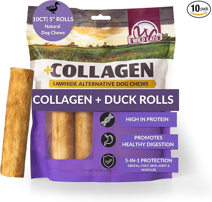 Wild Eats Duck Flavor Collagen Retriever Style Cheek Rolls 5" Dog Chews-10 Pack (Long Lasting Dog Chews Treats & Bones for Medium Dogs) Rawhide Alternative, No Hide, Pig Ears Substitute for Dogs
