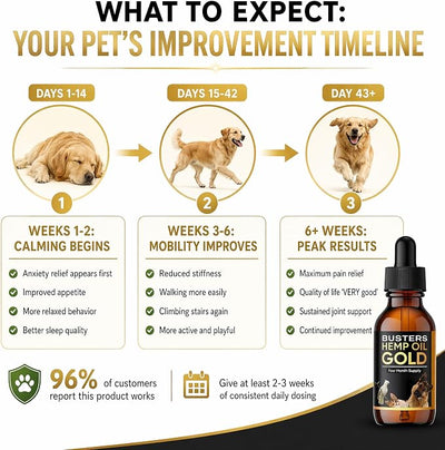 Buster's Gold Organic Hemp Oil for Dogs and Cats, 2 Large 60ml Bottles 4 Month Supply, Made in USA - Miracle Formula, Perfectly Balanced Omega 3, 6, 9 - Joint Relief, Calming (2-Pack)