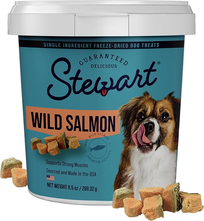 100% Wild Salmon Dog Treats, 9.5 oz Tub, ~190 Pieces, Freeze Dried Raw, Single Ingredient, 65% Protein Training Treats or Meal Topper, Grain Free, Gluten Free