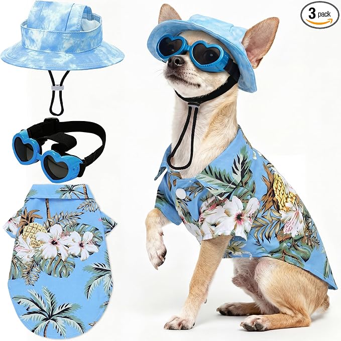 Small Summer T-Shirts Set Include Adjustable Pet Hat with Ear Holes Breathable Hawaiian Dog Shirt Heart Shape Sunglasses Beach Outfit Set for Puppy Small Medium Pets Dog Cat(Blue,S)