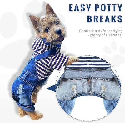 Small Dog Hoodie Clothes Cute Stripe Shirts Denim Jumpsuit One-Piece Outfit for Small Medium Dogs Cats Boy Girl Chihuahua Blue Jeans Overalls Puppy Costume (Blue,XXL)
