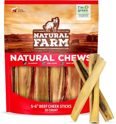 Natural Farm Bully Cheek Stick, 5-6-Inch (25-Pack)- Best Bully Stick Alternative, 100% Natural Beef Cheeks for Dogs- High Protein, Cleans Teeth Treats, Long Lasting Beef Chews for All Dog Sizes