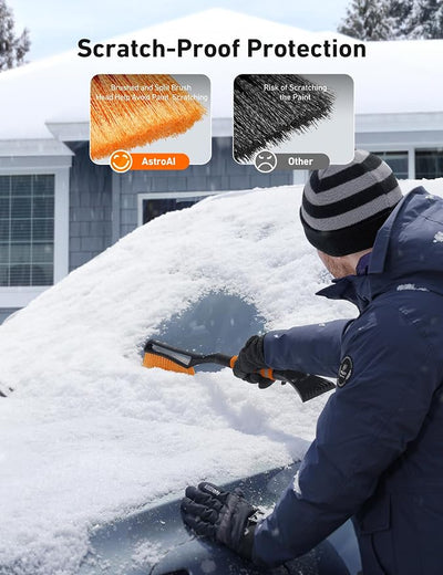 AstroAI 27" 2-in-1 Detachable Snow Brush & Ice Scrapers for Car Windshield | Snow Removers with No-Scratch Bristles, Ergonomic Handles & Easy Storage, Winter Accessories for Cars, SUVs, Trucks (Orange)