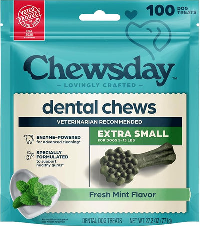 Chewsday Fresh Mint Flavor Dental Chews, Extra Small Dog Treats, Healthier Teeth and Fresher Breath, Enzyme Powered for Advanced Cleaning, Made in the USA, 100 Count