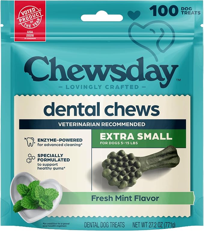 Fresh Mint Flavor Dental Chews, Extra Small Dog Treats, Healthier Teeth and Fresher Breath, Enzyme Powered for Advanced Cleaning, Made in the USA, 100 Count