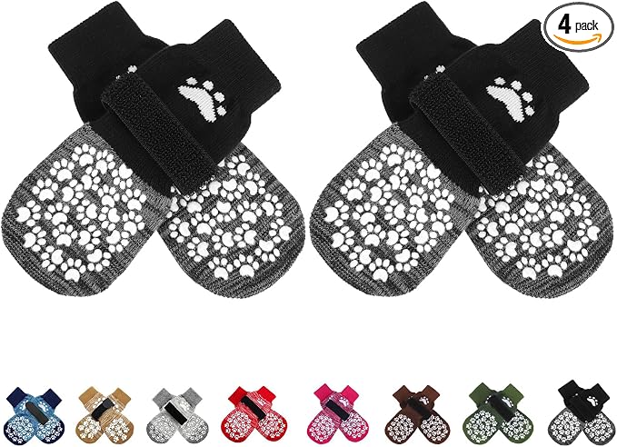 Anti Slip Dog Socks to Prevent Licking Paws, Shoes for Hot Pavement, Dog Booties for Small Medium Large Senior Dogs, Traction Control Boots & Paw Protectors for Hardwood Floors Black&Grey
