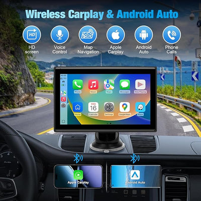 7" Portable Wireless CarPlay Screen for Car – Apple CarPlay & Android Auto, HD Touch Screen Car Stereo, Bluetooth, GPS Navigation, Voice Control, Plug-and-Play with FM/AUX/Mirror Link (Black)