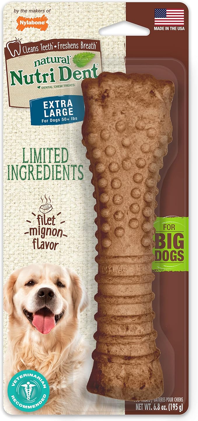 Nutri Dent Dog Dental Chews - Natural Dog Teeth Cleaning & Breath Freshener - Dental Treats for Dogs - Filet Mignon Flavor, X-Large (1 Count)
