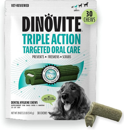 Dinovite Dental Chews for Dogs, Triple Action Dental Dog Treats for Small Breeds, Clinically Proven to Prevent Plaque & Tartar While Freshening Breath, Fresh Mint Flavor, Made in USA, 30 Count