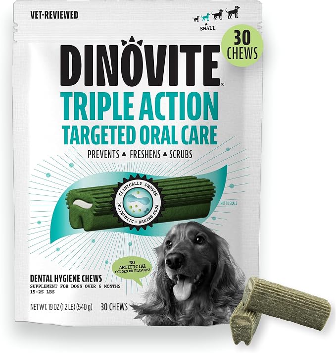 Dental Chews for Dogs, Triple Action Dental Dog Treats for Small Breeds, Clinically Proven to Prevent Plaque & Tartar While Freshening Breath, Fresh Mint Flavor, Made in USA, 30 Count