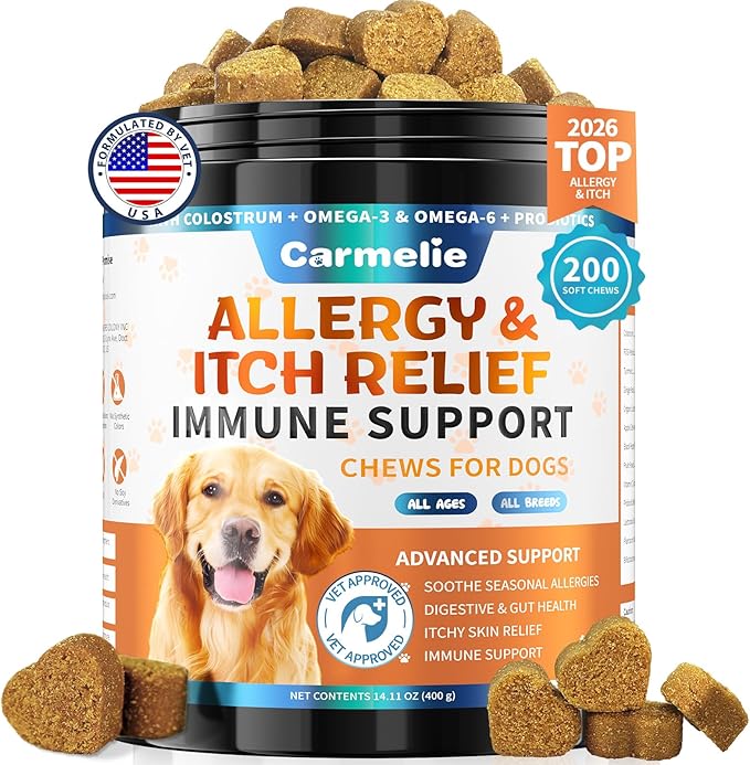 Carmelie Dog Allergy Relief Chews - Dog Itching Skin Relief 200 Chews, Yeast Treatment & Anti Itch Licking Paw, Itchy Skin and Ears for Seasonal Allergies, Probiotics Gut Digestive & Immune Support