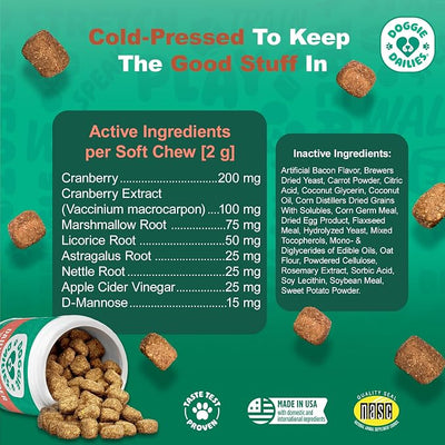 Doggie Dailies Cranberry Supplement for Dogs Bacon Flavored - Urinary Tract, Bladder & Kidney Support for Dogs - Cranberry with Marshmallow Root, Licorice Root & Apple Cider Vinegar, 225 Soft Chews