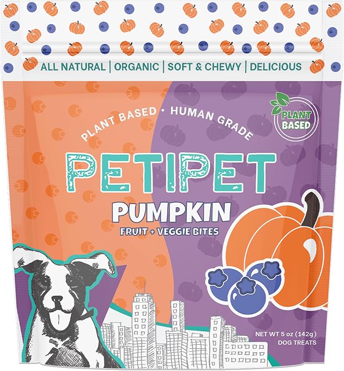 PETIPET Plant-Based Pumpkin Dog Treats - Pumpkin, Carrot, Apple, and Blueberry Soft & Chewy - Vegetarian, Vegan Dog Treats with Organic Ingredients - Low-Protein, Hypoallergenic, Gluten-Free
