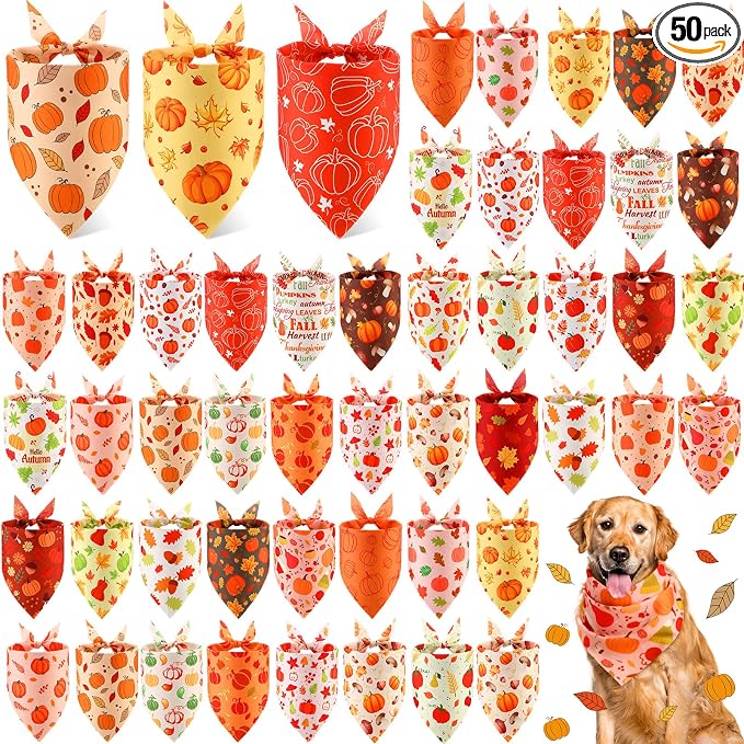 50 Pcs Fall Dog Bandanas Bulk Autumn Pumpkin Bandanas for Dogs Triangle Kerchief Bibs Scarf for Pets Thanksgiving Party Costume Photo Props Accessories, 25 Styles (31.5 x 21.7 x 21.7)