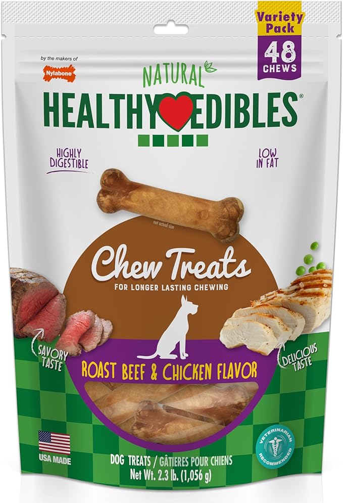 Nylabone Healthy Edibles Natural Chews, Long Lasting Dog Bones, Healthy Dog Treats, Roast Beef & Chicken Flavor, X-Small (48 Count)