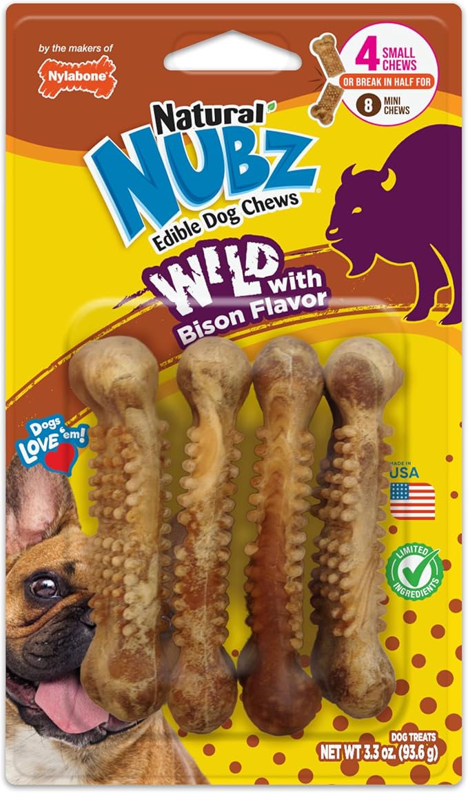 Nubz Wild Natural Dog Chew Treats for Small Dogs, Long Lasting Dog Chew Bones Made in USA, Bison Flavor, Small Dog Bones for Dogs Up to 25 lbs. (4 Count)