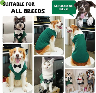 Cute Dog Fleece Sweater with D-Ring, Fall Winter Dog Clothes Tuxedo Costume with Bowtie, Soft Puppy Sweatshirt Chihuahua Yorkie Apparel Poodle Outfits for Small Medium Large Dogs(Green,XL)