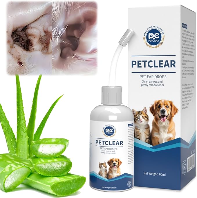 Dog Ear Cleaner, Contains Aloe Vera, Relieves Itching, Removes Earwax Buildup, Debris, Odors, Non Irritating, with Extended Soft Silicone Dropper, For Dogs and Cats, 1 Bottles (2.03 oz in total)