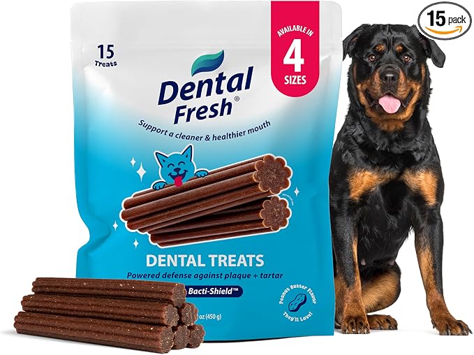 Dental Treats for Large Dogs, Vet-Formulated Teeth Cleaning Dental Sticks to Help Reduce Plaque and Tartar and Freshen Breath, 15 Count Brush Free Dental Chews for Dogs 50 lbs and Up