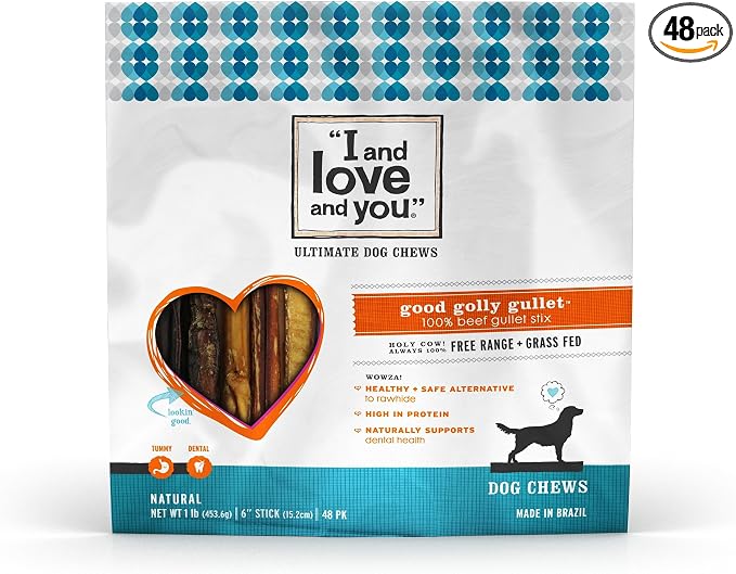 Good Golly Gullet Stix - Beef - Rawhide Alternative, Single Ingredient, Free Range Grass Fed Beef, 6in, 48ct