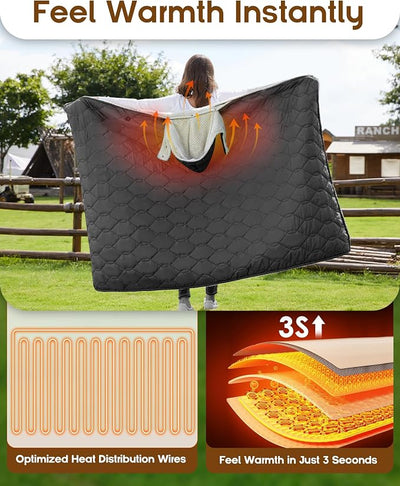 12V Battery Powered Heated Camping Quilt Blanket with Detachable Hood, Cordless Wearable Blanket with 15000 mAh Battery, Up to 167°F Temperature with Overheat Protection