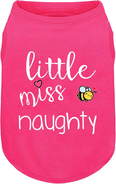 Pink Cotton Dog Shirt with 'Little Miss Naughty' Bee Print, Soft & Breathable Pet Apparel for Small to Large Dogs, All-Season Sleeveless Vest, Cute and Comfortable Dog Outfit.Pink S