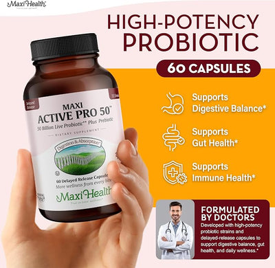 Maxi Health Probiotics for Women & Men Plus Prebiotics – 15 Strains for Digestive Support – Probiotics for Digestive Health with 50 Billion CFU – Kosher, Vegan, Delayed Release, 30 Count, Pack of 1