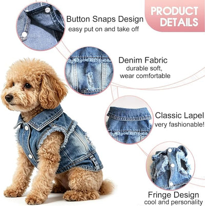 Jean Jacket, Blue Denim Lapel Vest Coat T-Shirt Costume for Small Medium Dogs Cats, Cute Girl Boy Puppy Clothes, Comfort and Cool Apparel, Machine Washable Outfits (XL, Blue)
