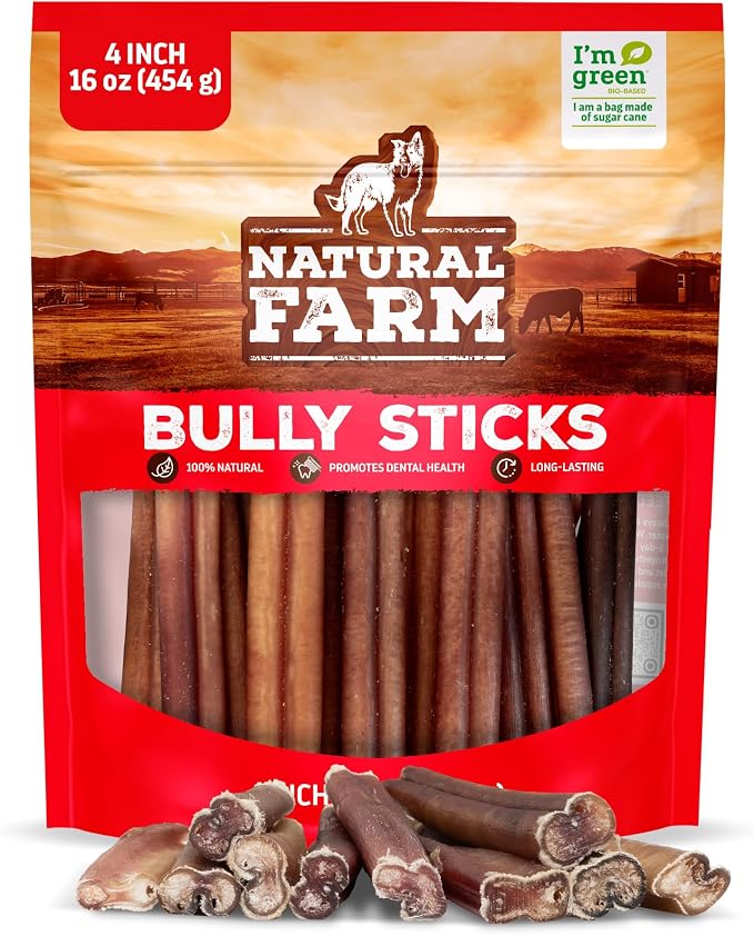 Odor-Free Bully Sticks (4”, 16oz) All-Natural Long-Lasting Chews, 100% Beef Pizzle, Grass-Fed, Grain-Free, Hormone-Free, Protein for Muscle Development & Energy, Perfect for Small Dogs
