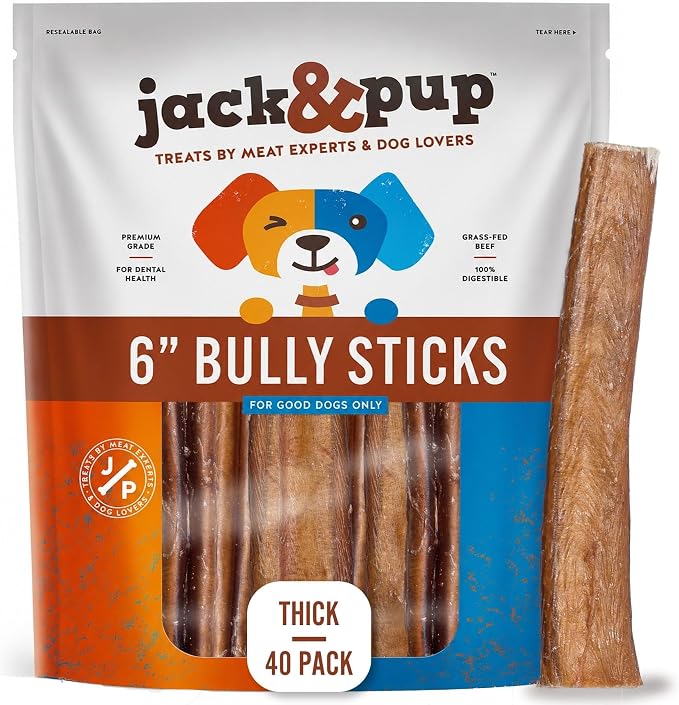 Jack&Pup 6-inch Bully Sticks for Dogs (40 Pack) Thick Pizzle Sticks | Long Lasting, Single Ingredient Chew Treat for Medium Dogs