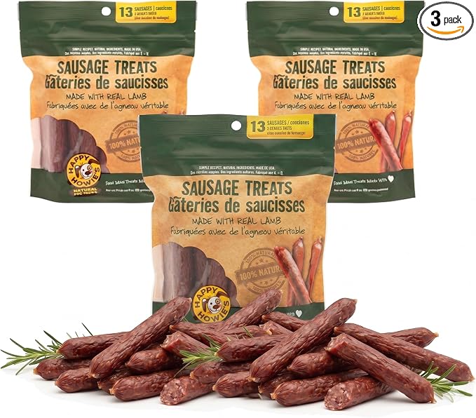 Happy Howie's Sausage Treats - Healthy Dog Treats, Flavorful Slow Cooked Lamb, Natural Ingredients, Chewy Dog Treats, Hormone Free-Lamb, (Pack of 3)