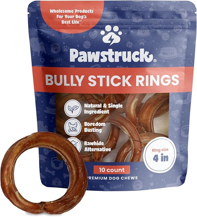 All-Natural 4" Bully Stick Rings for Dogs - Rawhide-Free, 100% Beef, Single Ingredient Dental Chew Bones - Fully Digestible, Low Odor - 10 Count - Packaging May Vary