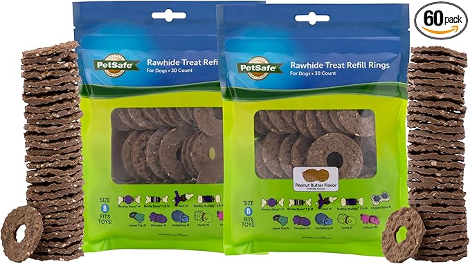Busy Buddy Treat Ring Variety Pack - Engaging Treat-Holding Toy Refill - Easy-Open Resealable Bags - Medium - Peanut Butter & Original Rawhide Flavors - 60 Count