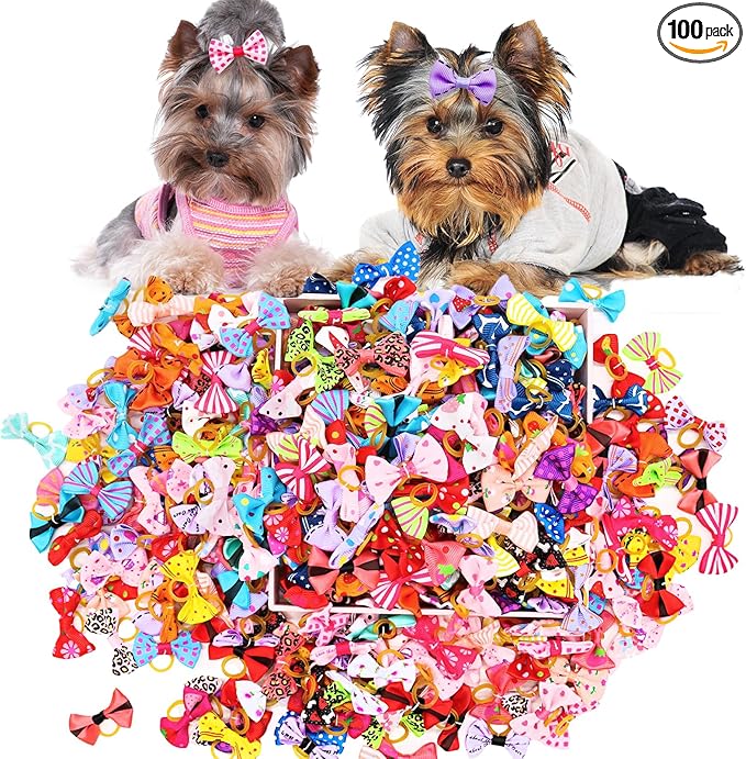 100PCS Cute Puppy Dog Small Bowknot Hair Bows,Yorkie Doggie Bows with Rubber Band Pet Grooming Bows Dog Hair Costume Accessories for Small Dog