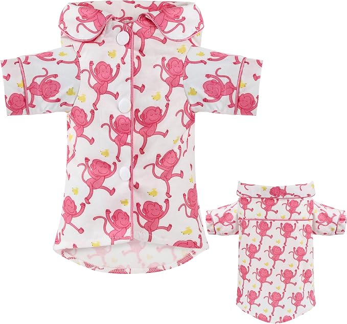 Dog Shirts for Small Dogs Puppy Pajamas Cute Pet Clothes Soft Button Down T Shirt Summer Outfit (Pink Monkey, XS)