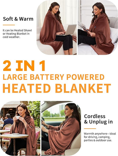 Electric Heated Blanket Battery Operated, Portable Heated Shawl for Neck and Shoulders and Back, Heating Blanket with Zipper, 20000mAh, 3 Heating Levels, up to 8 Hours