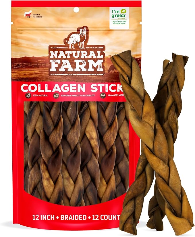 Natural Farm Odor Free Braided Collagen Chews for Dogs (12 Inch, 12 Pack), Collagen Sticks, Natural Dog Chews, Long Lasting, for Small, Medium and Large Dogs, Odor-Free, Rawhide Alternative
