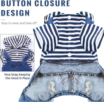 Small Dog Hoodie Clothes Cute Stripe Shirts Denim Jumpsuit One-Piece Outfit for Small Medium Dogs Cats Boy Girl Chihuahua Blue Jeans Overalls Puppy Costume (Blue,S)