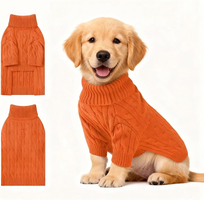 Small Dog Thermal Pullover Sweater, Classic Turtleneck Cable Knitwear Dog Clothes for Cold Weather Warm Pet Clothes for Chihuahua, Bulldog, Dachshund, Pug Orange XX-Large
