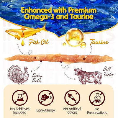 TailParty Turkey Tendons for Dogs with Fish Oil & Taurine (Strip, 8 oz), All Natural Dental Chews & Training Treats, Long Lasting Snack for Health-Conscious Pet Owners