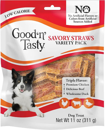Good 'n' Tasty Savory Straws Variety Pack Treats for All Dogs, Crunchy Veggie Straw-Inspired Low-Calorie Gourmet Dog Treats, Real Chicken, Beef or Duck, 11 oz