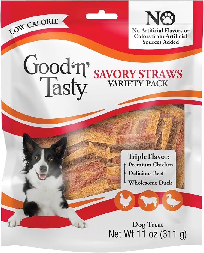 Good n' Tasty Savory Straws Variety Pack Treats for All Dogs, Crunchy Veggie Straw-Inspired Low-Calorie Gourmet Dog Treats, Real Chicken, Beef or Duck, 11 oz