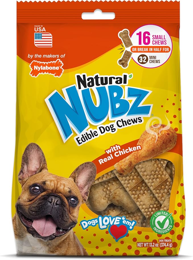 Nubz Natural Dog Treats for Small Breeds, Long Lasting Chew Bones Made in USA, Chicken Flavor Breath Freshener Dental Chews, Small Dog Bones, Up to 30 lbs. (16 Count)