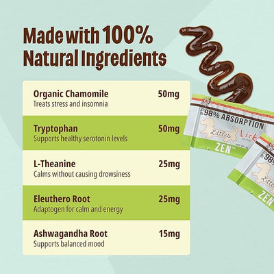 Licks Zen Calming Aid - Fast-Acting Stress & Behavior Support - for Small Breed Dogs & Cats - L-Theanine, Chamomile, Ashwagandha & Tryptohan - Pill-Free Gel Packets - 30 Packets