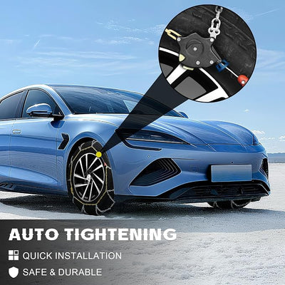 Auto Tightening Snow Chains for Car, SUV & Pickup Trucks – 1-Min Quick Install, Reusable Emergency Tire Chains for Snow & Ice Traction – Set of 2 (HKN140)