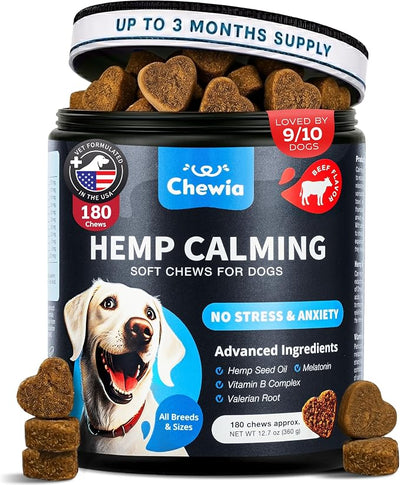 Hemp Calming Chews for Dogs - Dog Calming Treats - Anxiety Relief for Dogs with L-Theanine, Chamomile Extract, Valerian Root - Dog Anxiety Relief for Travel, Vet Visits, Thunderstorms, Nail Trimming