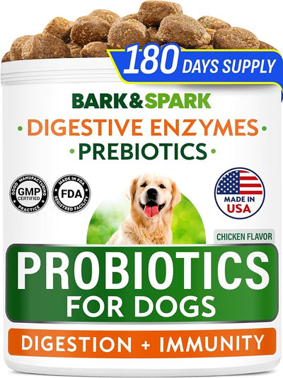BARK&SPARK Dog Probiotics 180 Chews for Digestive Health w/Enzymes & Fiber - Diarrhea Gas Treatment Upset Stomach Relief - Allergy & Itchy Skin - Pet Probiotics for Dogs