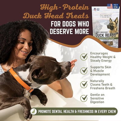 All American Canine 10 Natural Duck Head Dog Treats – Single Ingredient, Dehydrated & Digestible – Low-Fat, High-Protein Chew for Training & Dental Health – Made in USA