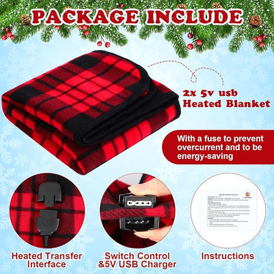 Tuanse 2 Pcs USB Heated Blanket 25"x35" Small Portable 5v 3 Setting Electric Blanket with Timer and Temperature Controller Winter Wearable Recharge Throw for Travel Home(Red and Black Stripes)